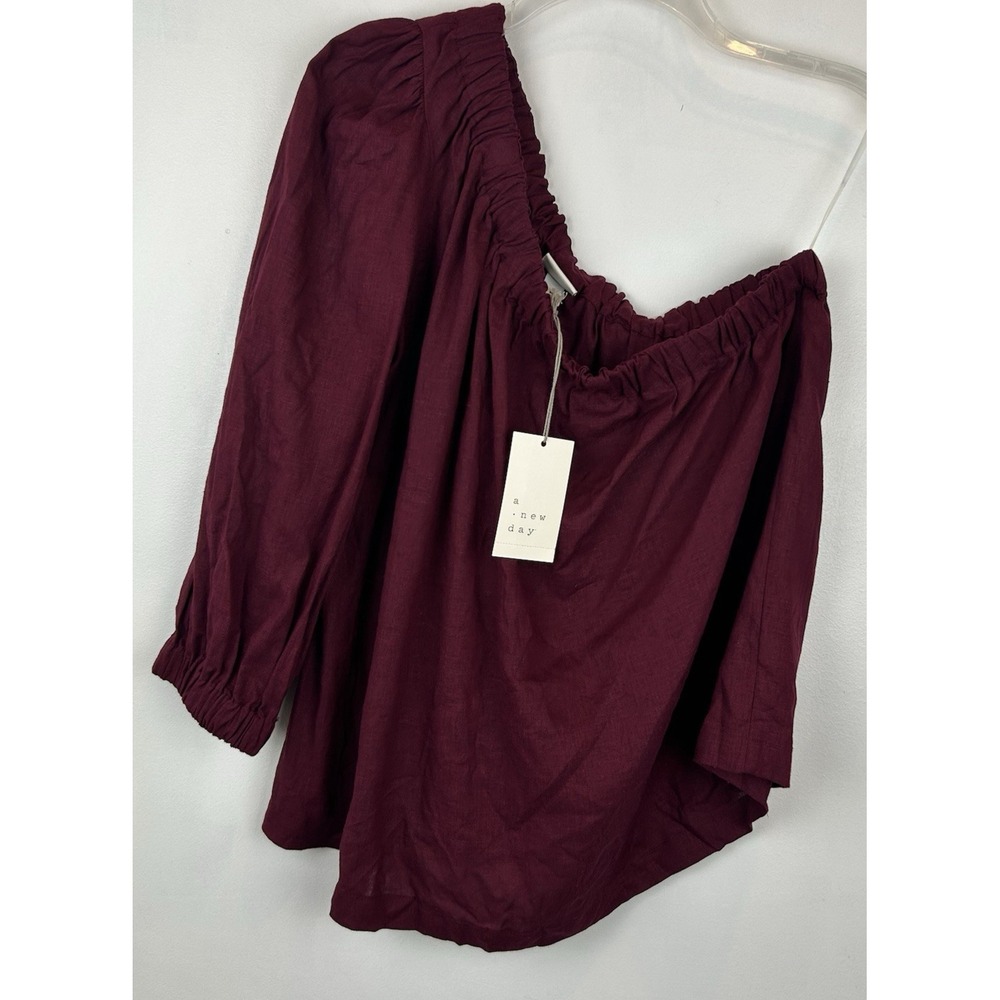Top Womans M Solid Summer Off One Shoulder Short Sleeve Blouse Ruffle Peasant